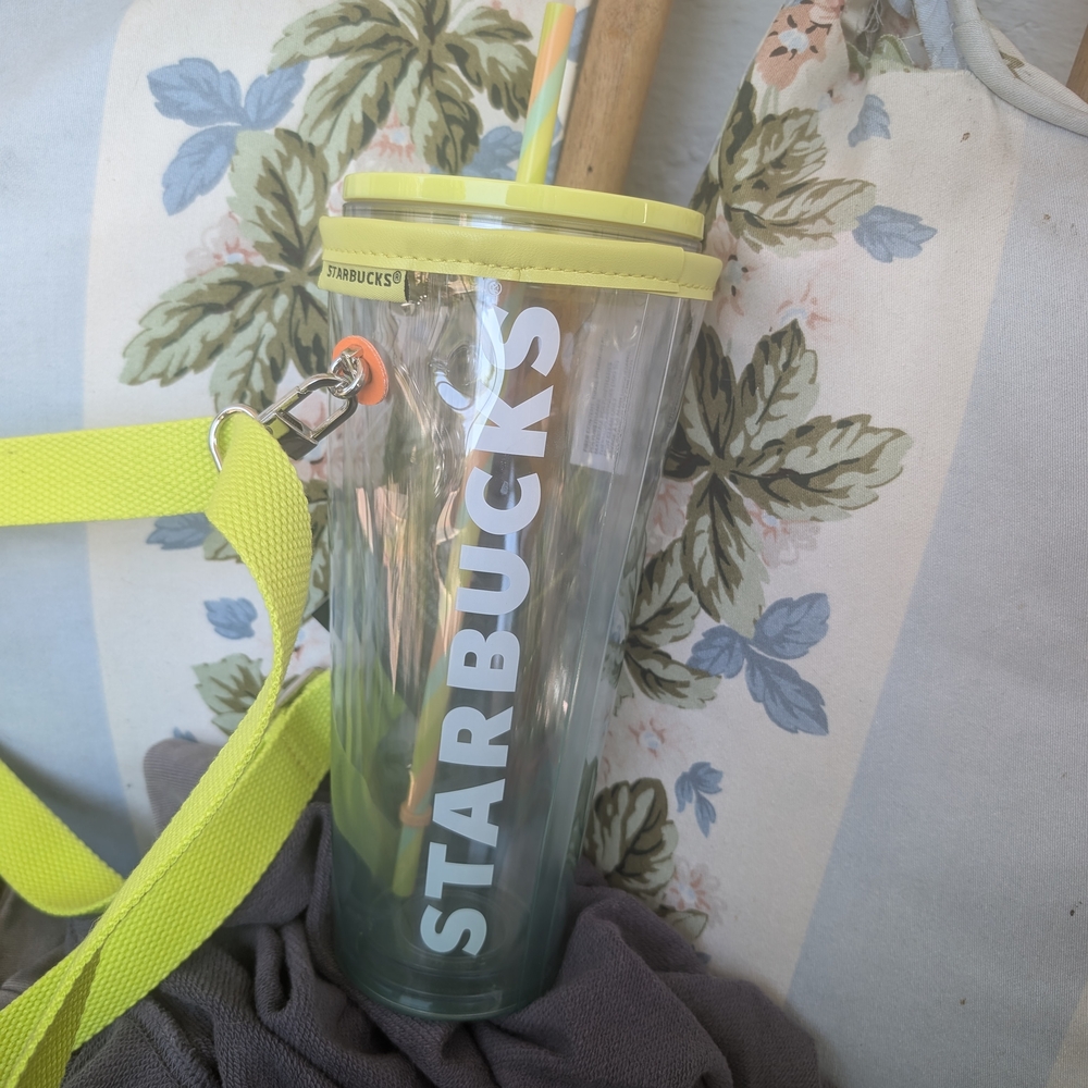 Starbucks Clear Tumbler with Yellow Lid and Strap